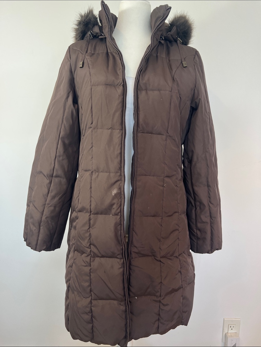 Michael Kor’s Women’s Brown Quilted Puffer Coat with Faux-Fur Hood